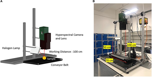 The hyperspectral camera system. (A) Components and (B) the hyperspectral system dimensions.